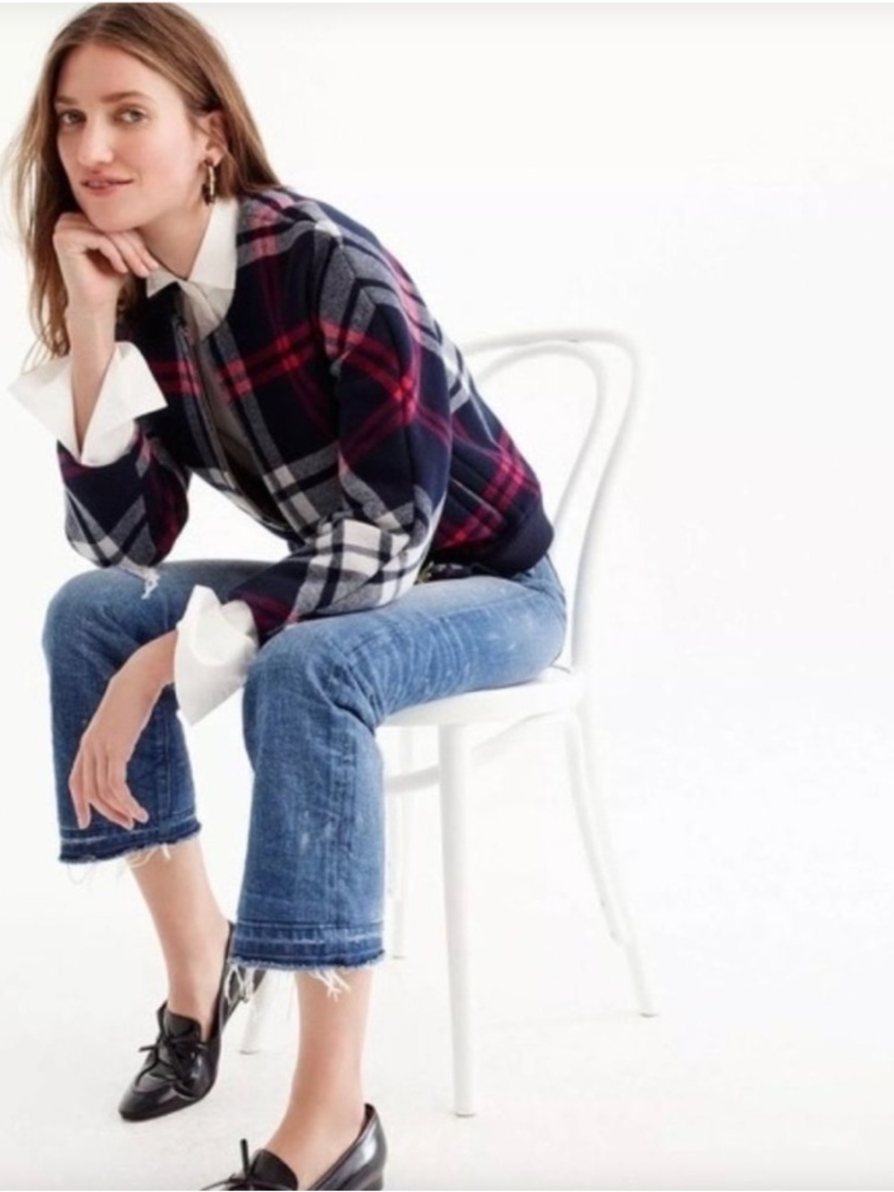 J.CREW Plaid Wool Bomber Jacket in Navy Blue, Red, White Women's M